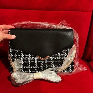 Brand new Ann Taylor clutch black and white tweed with black leather trim